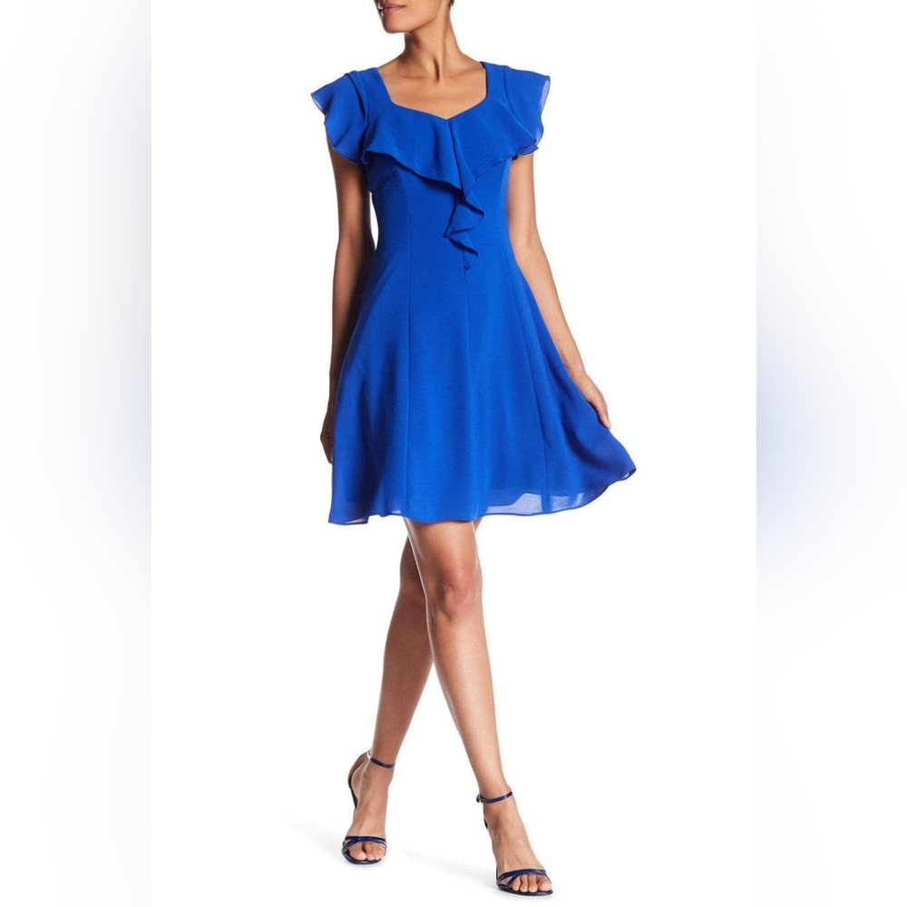 Adrianna Papell Square Neck Short Sleeve Flutter Solid Crepe dress(AP1D101048)